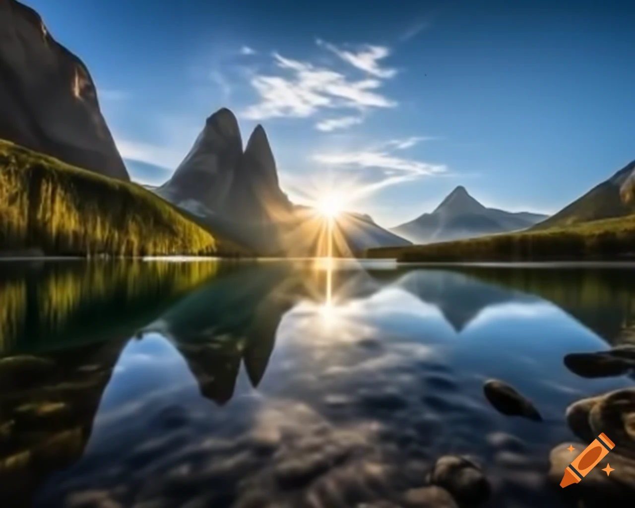 Majestic mountains with tranquil crystal lake in foreground