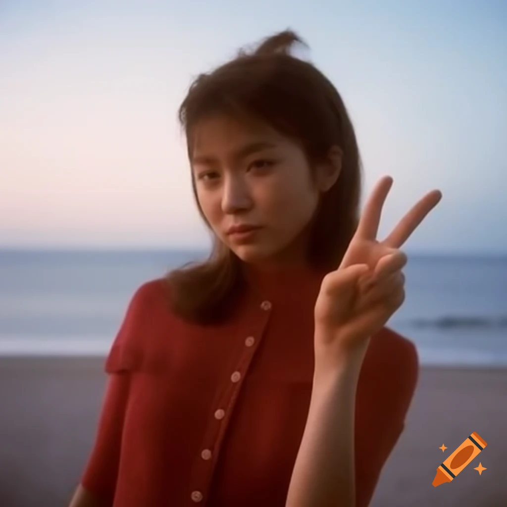 1980s Japanese idol gyaru actress in city pop attire on palm beach