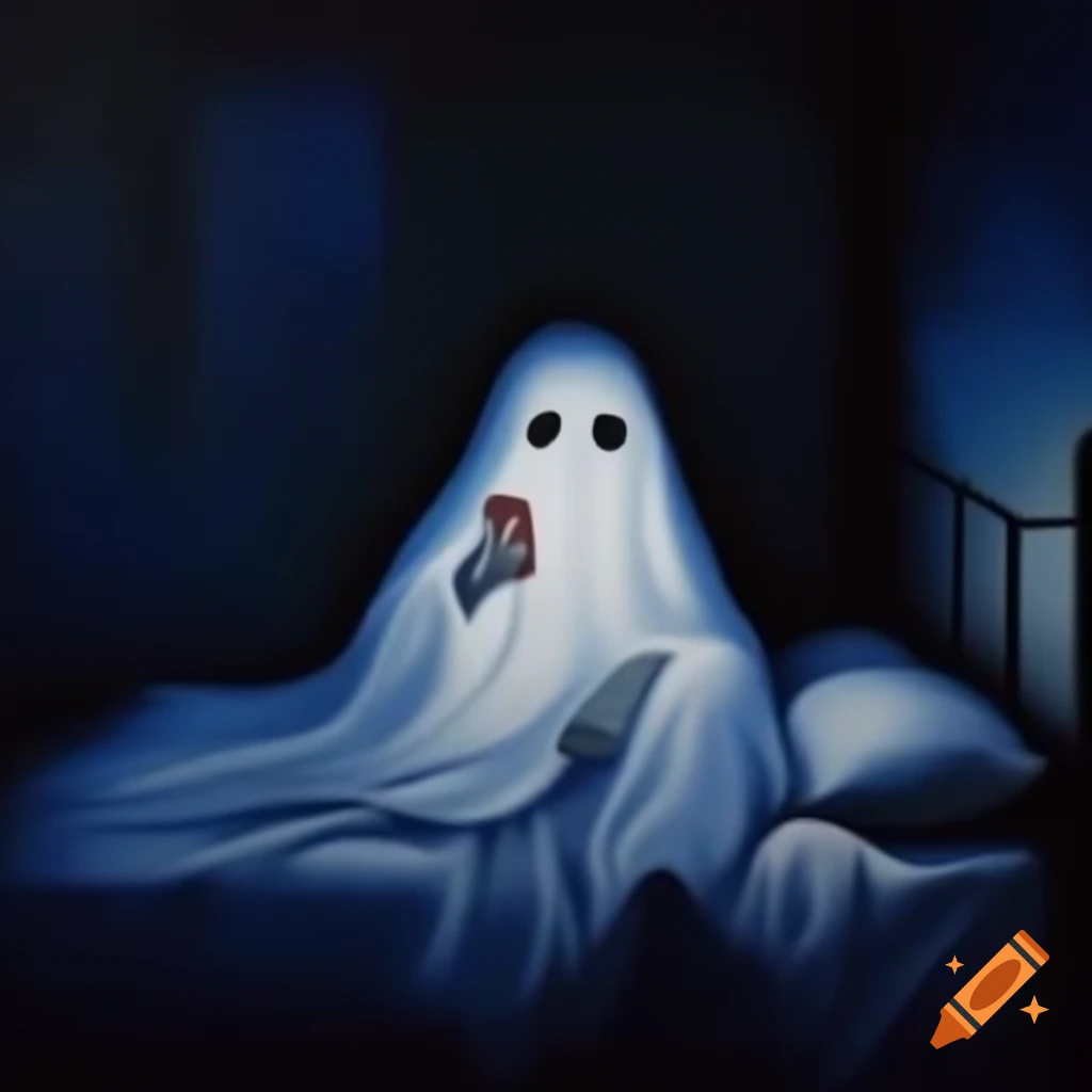 Ghost sitting on bed using phone in dark room