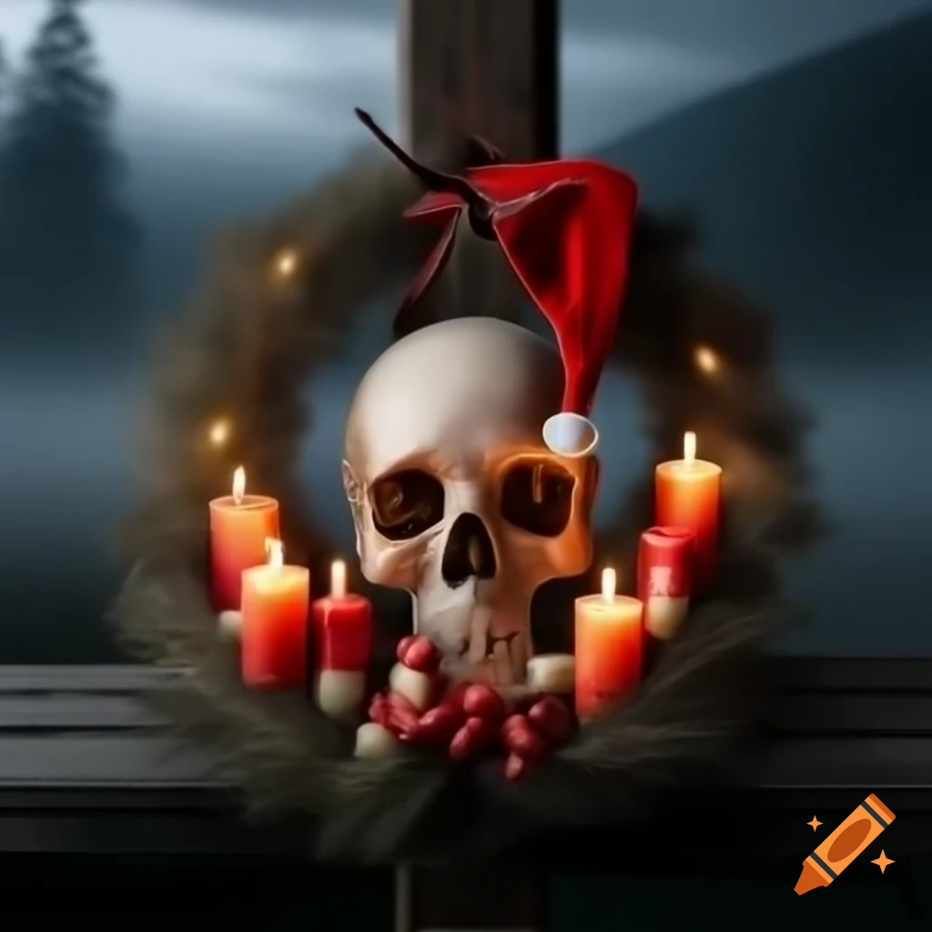 Photorealistic horror advent wreath with candles and skull wearing Santa hat in misty Nordic township