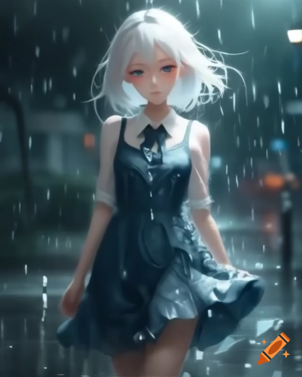 Anime character with white hair and dress on a rainy day, realistic style