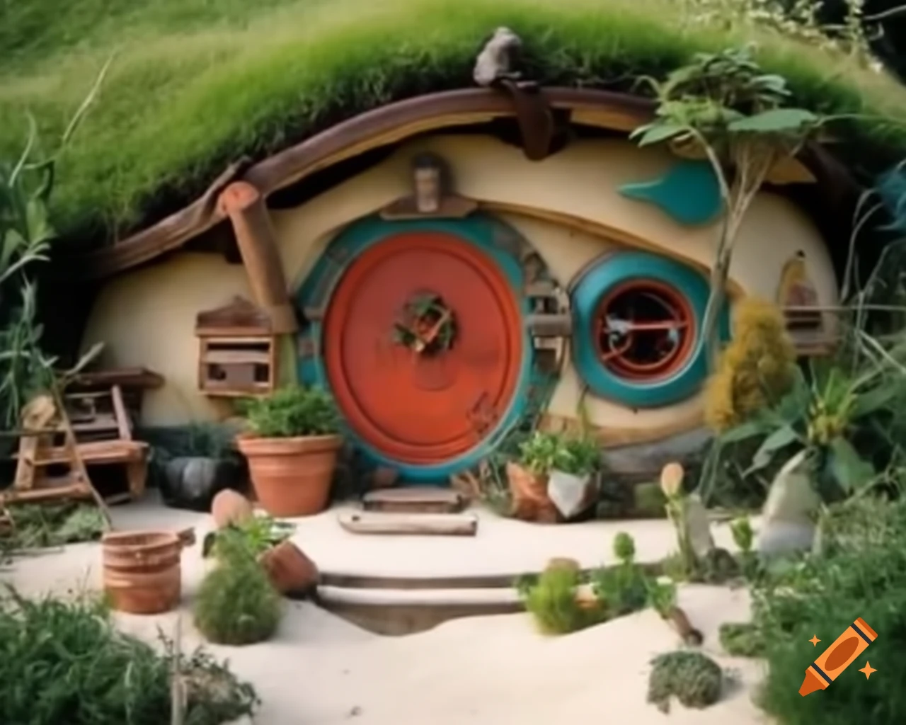Cozy hobbit house with potted plants on beach with white sand and crystal blue water