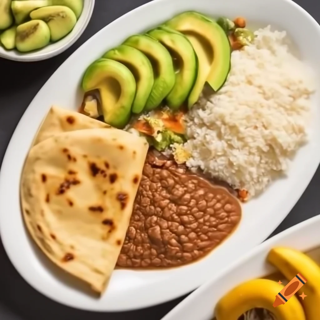 Plate of food featuring rice, avocado, chapati with beans, and a banana