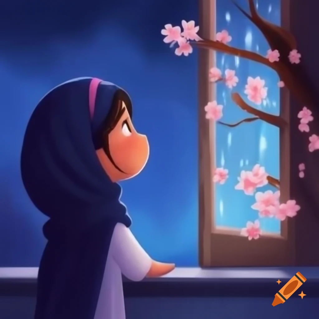 Girl in abaya gazing at rain with sakura tree outside window