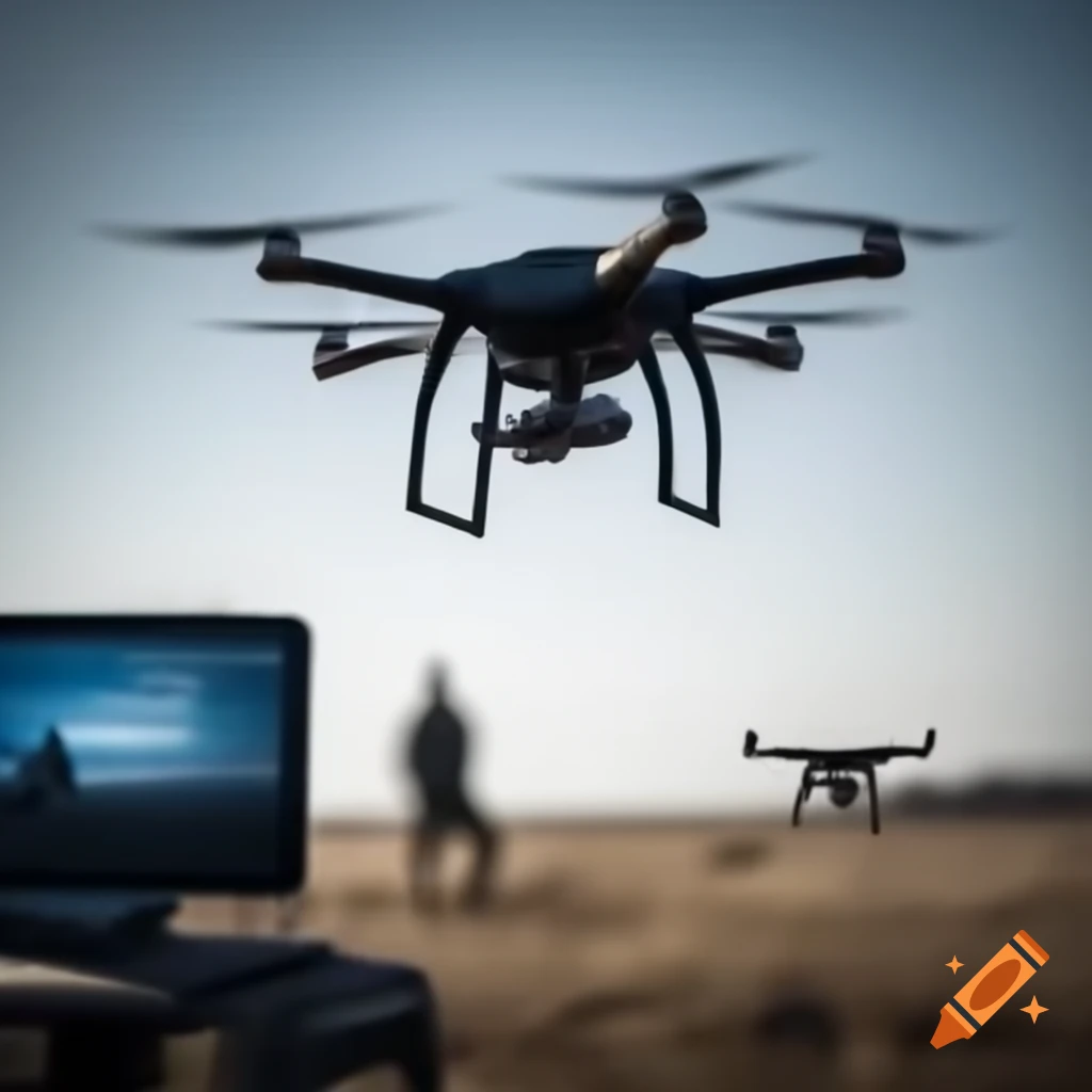 Two drones, one flying with European flag, the other preparing for takeoff