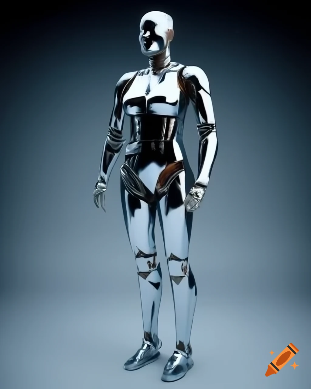 Full body bionic armor suit in shiny chrome with detailed anatomy