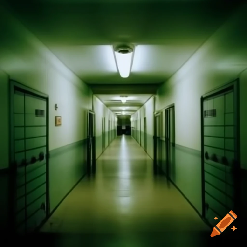 Endless hallway with padded white walls and numerous doors, creating a surreal atmosphere