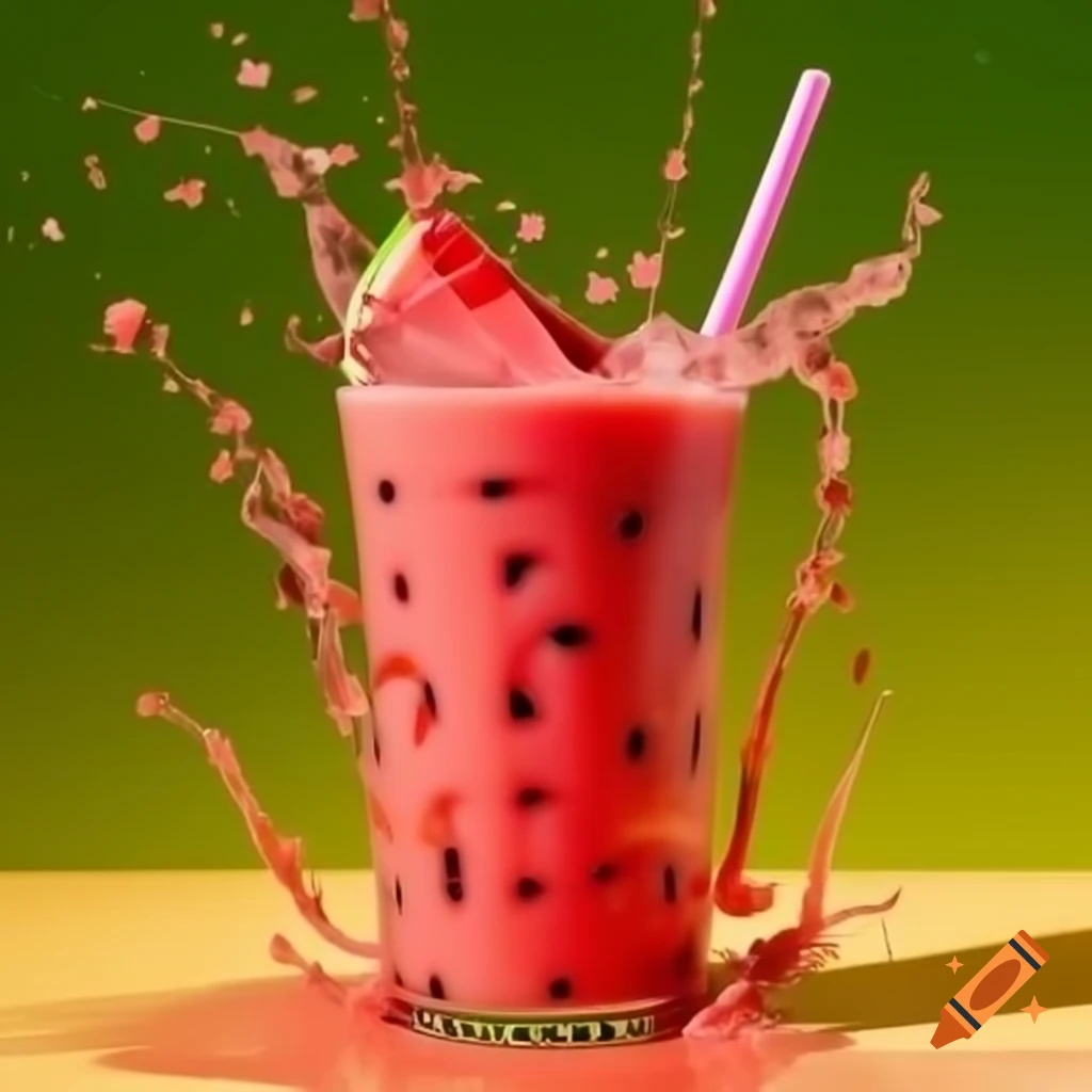 Cup of vibrant watermelon smoothie with straw and juice splashing