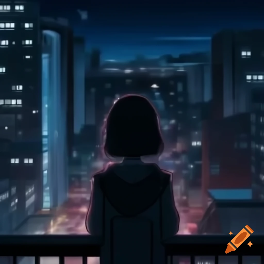Anime girl gazing at city skyline at night