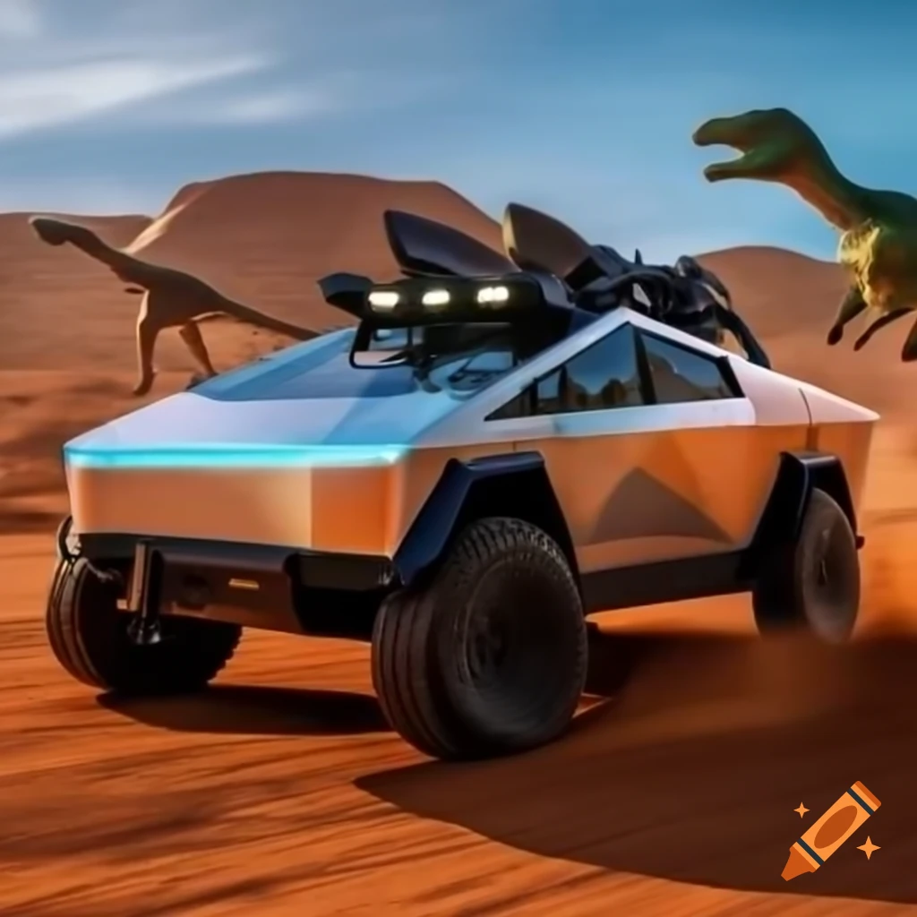 Dinosaur driving a futuristic cybertruck