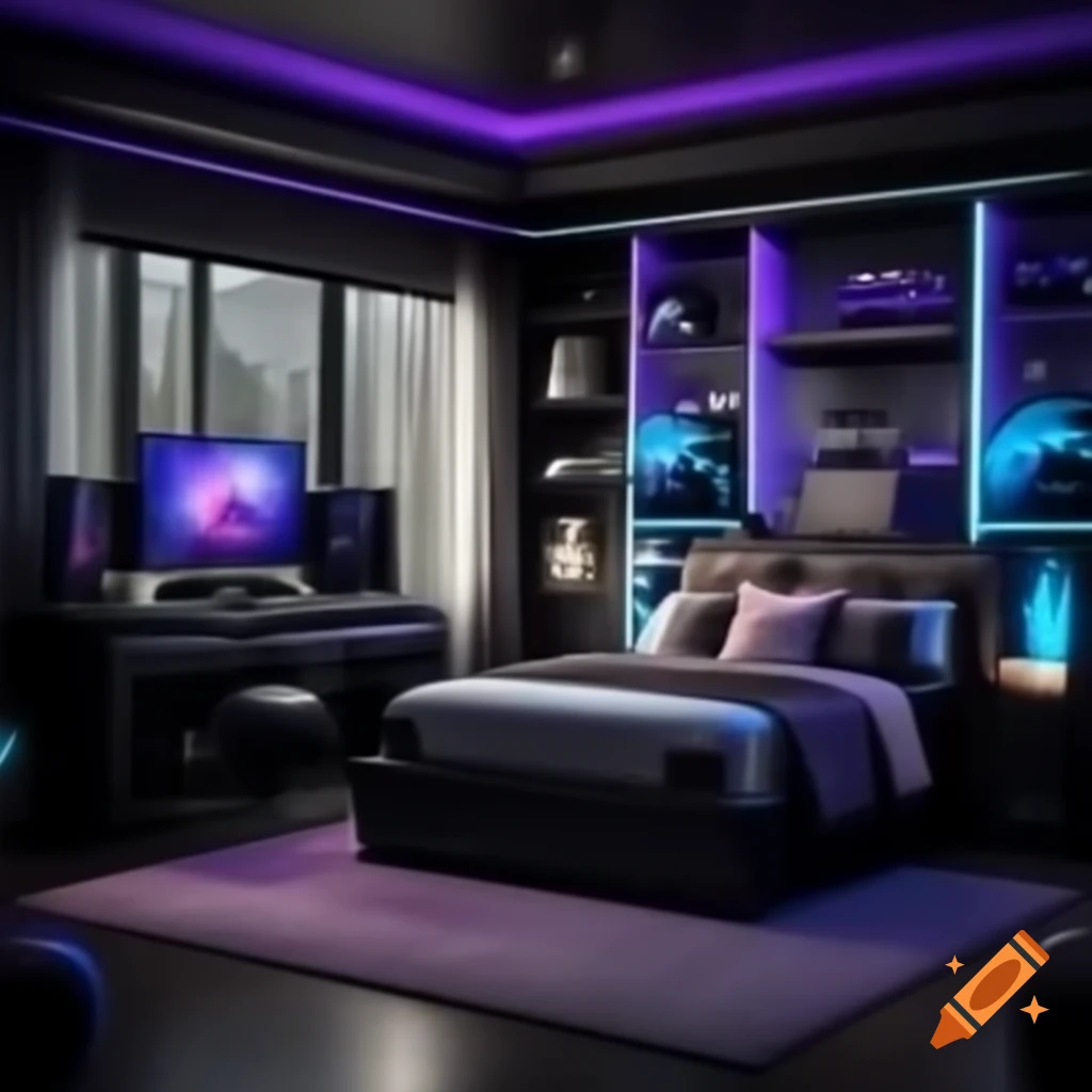Luxury modern gaming bedroom featuring bed, couch, and gaming PC