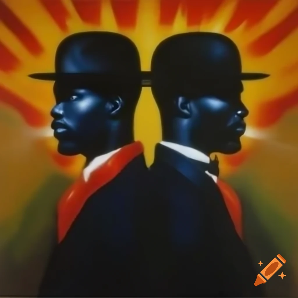 Art deco crayon painting of black men conveying nostalgia and energy