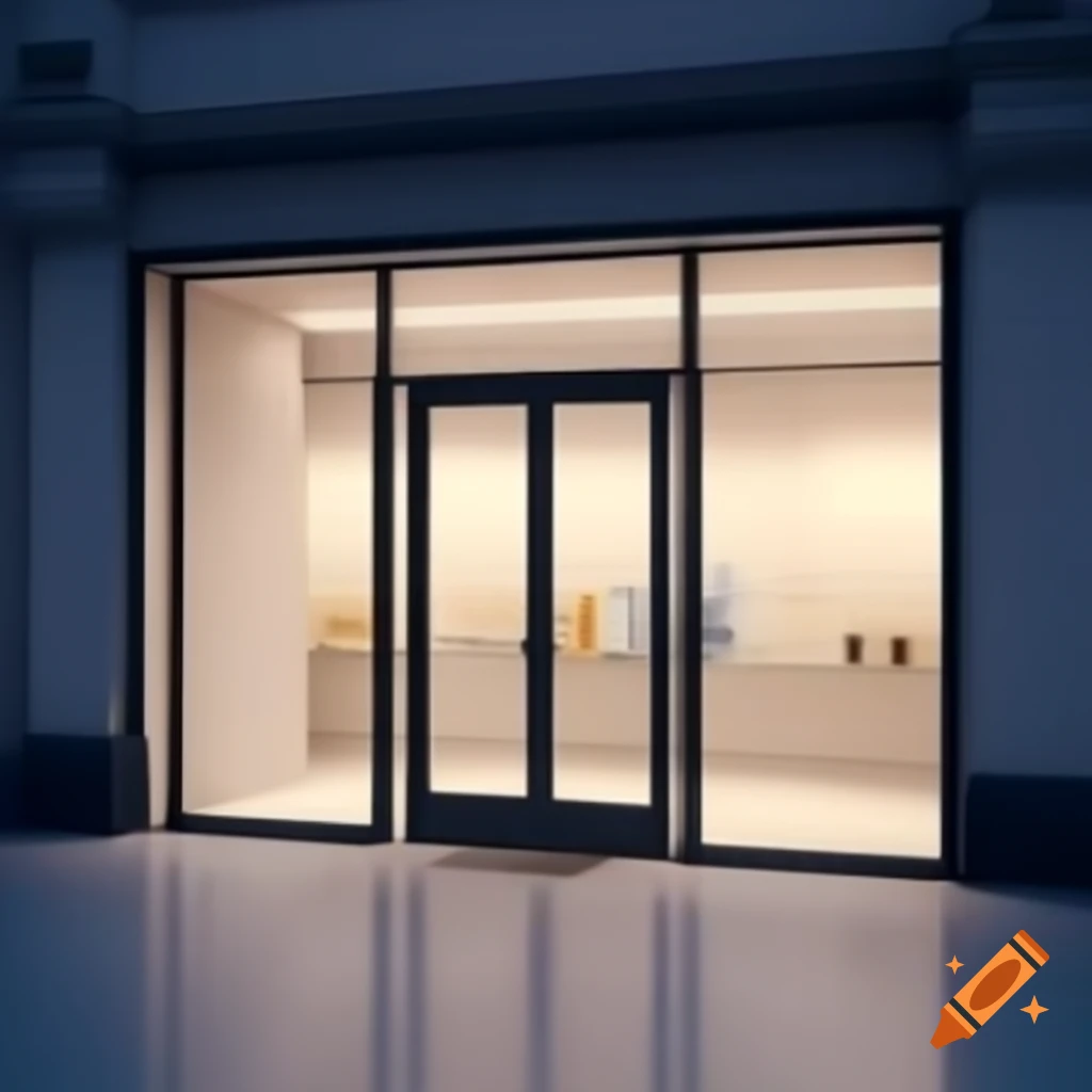 3D storefront mockup featuring front glass window and door with reflections