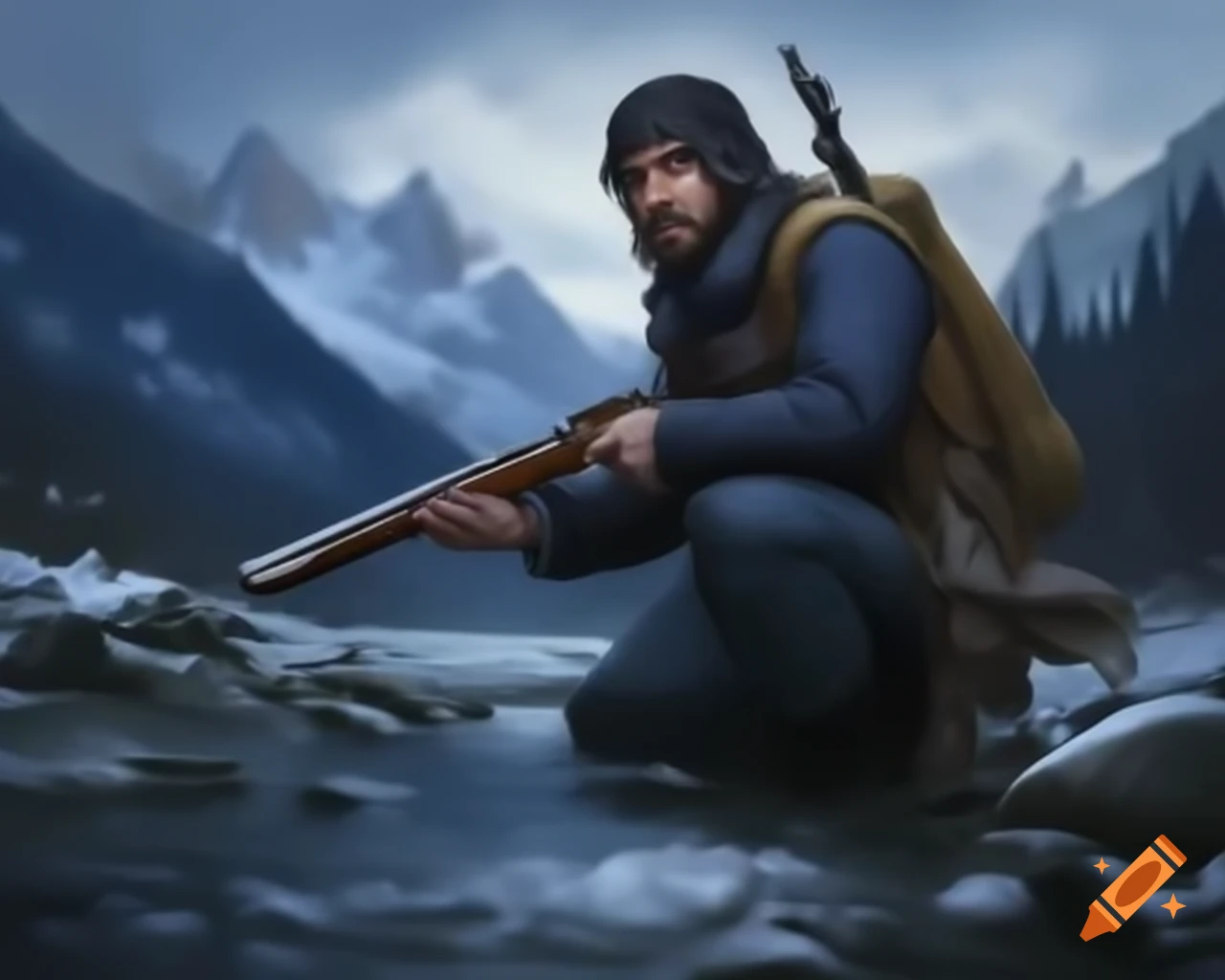18th century mountain man trapper with flintlock rifle by winter stream