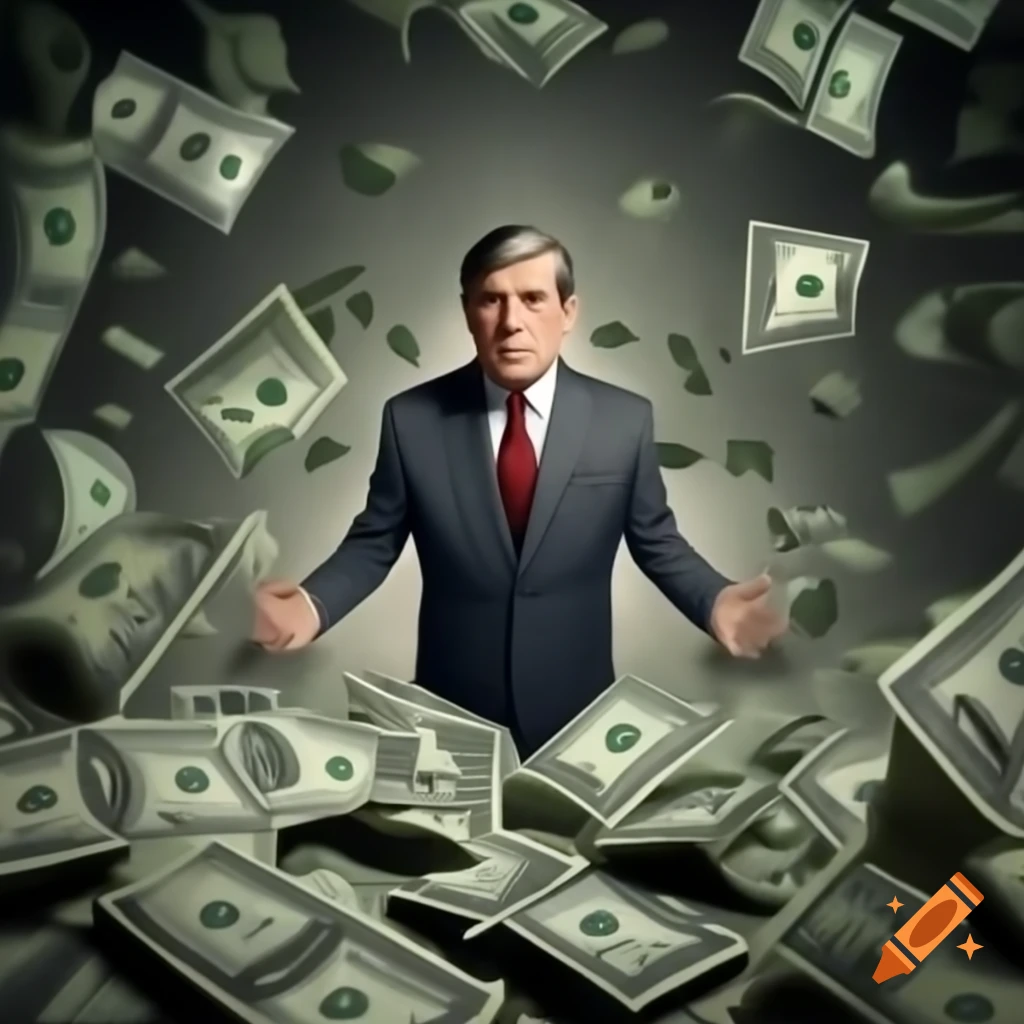 Group of three men standing on large pile of dollars, showcasing confidence and focus