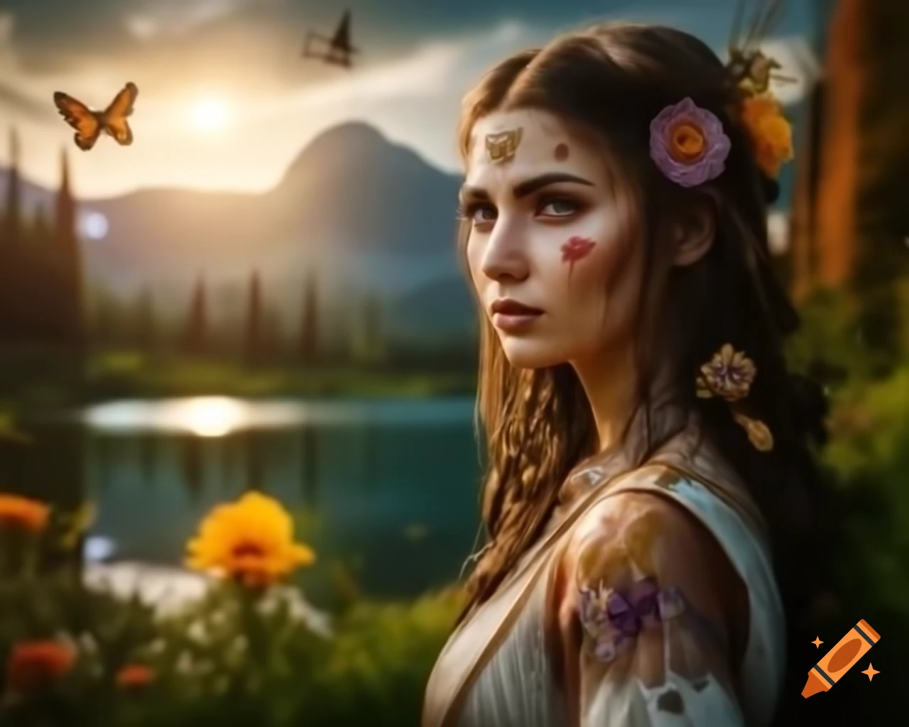 Hyperrealistic portrait of Slavic woman with flowers and butterflies in hair, deep eyes and freckles