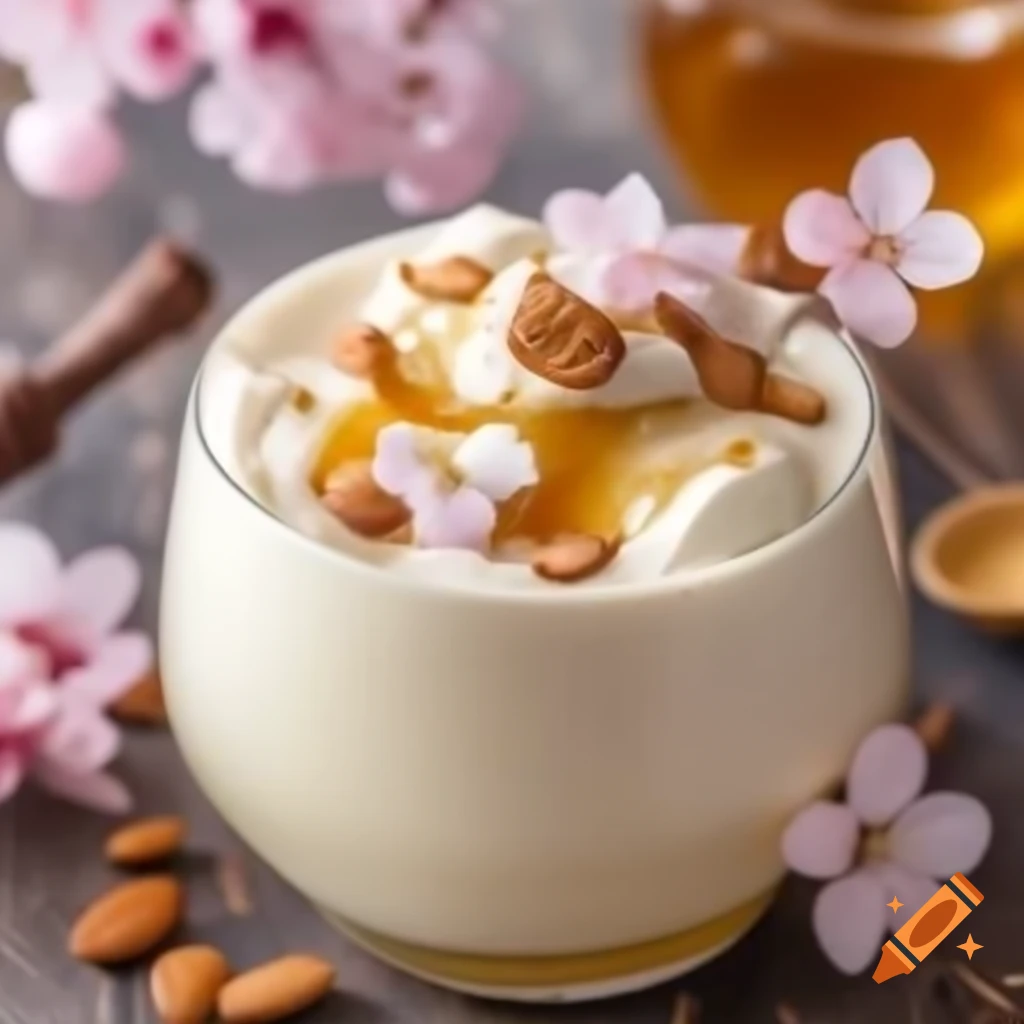 Cherry blossom flavored ice cream with toasted almonds and honey drizzle