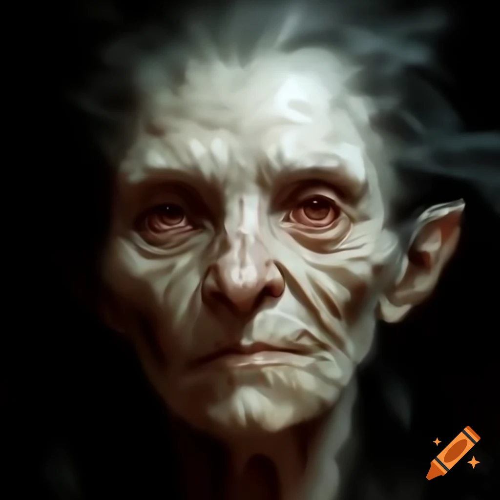 Abstract profile painting of aged vampiric creature with dark hair
