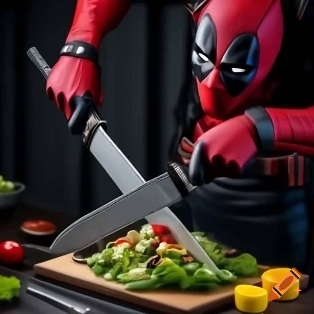 Realistic depiction of a character using a sword to cut a salad in a cooking show
