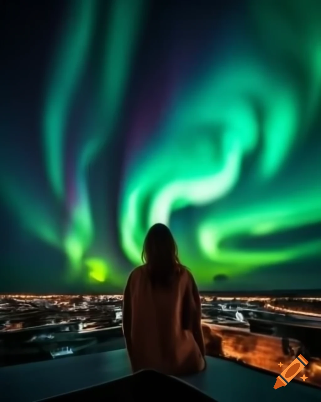 Woman on rooftop observing vibrant Northern Lights with dramatic blue and green colors