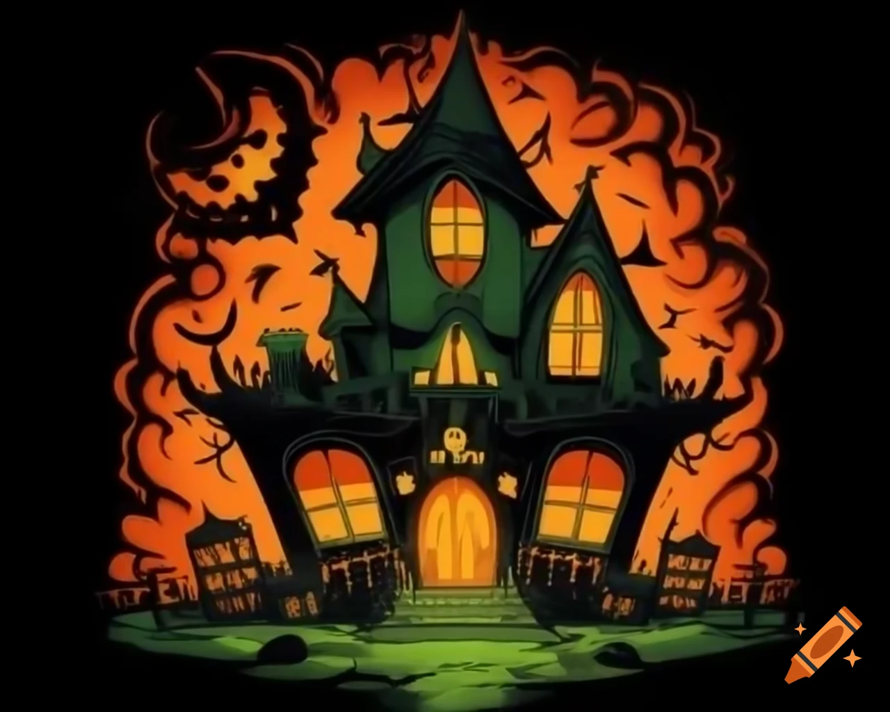 Cartoon style spooky Halloween pumpkin house in shades of orange, green, black, and gold