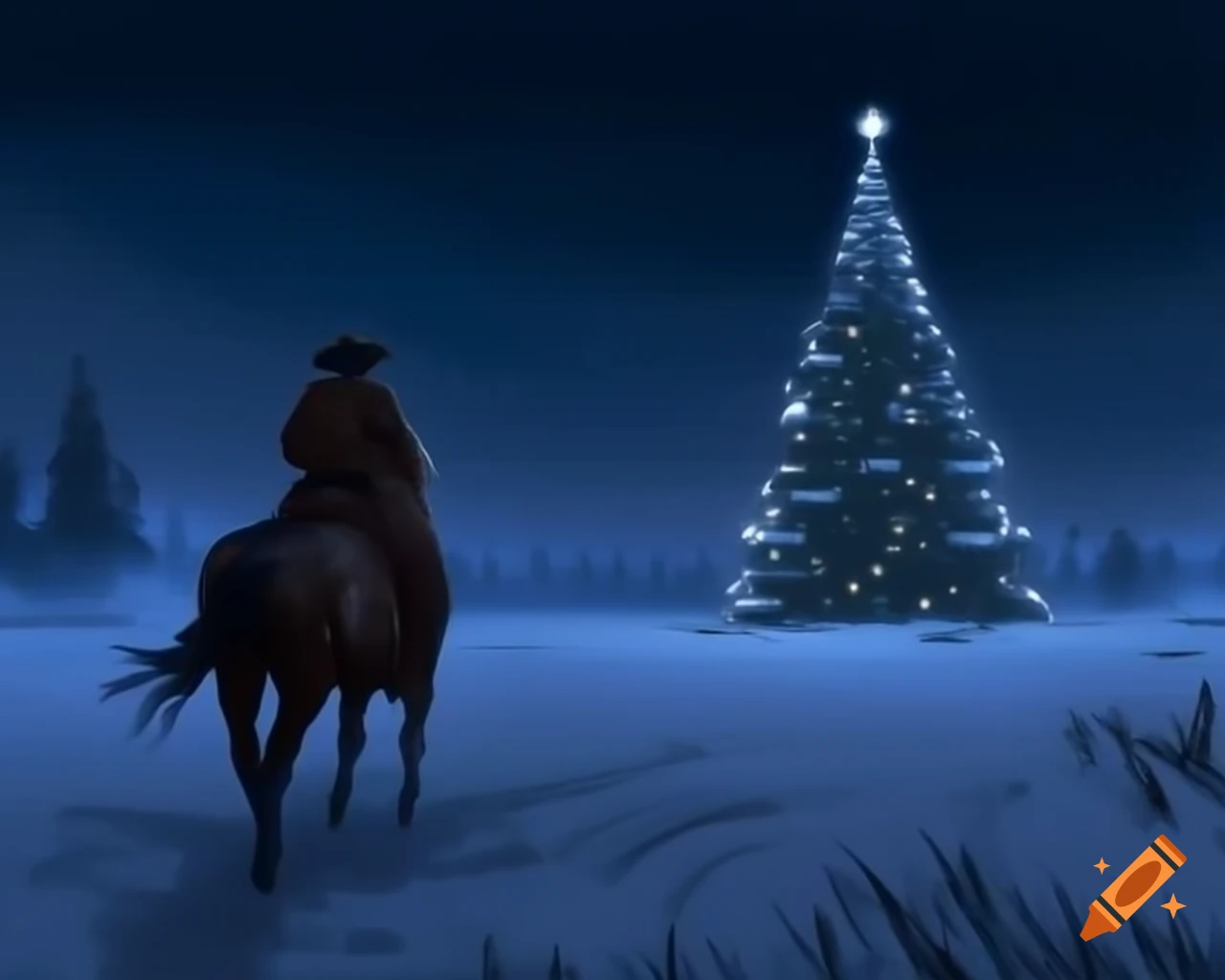 Rugged cowboy on grey horse in snowy field during snowstorm, with Christmas tree lights