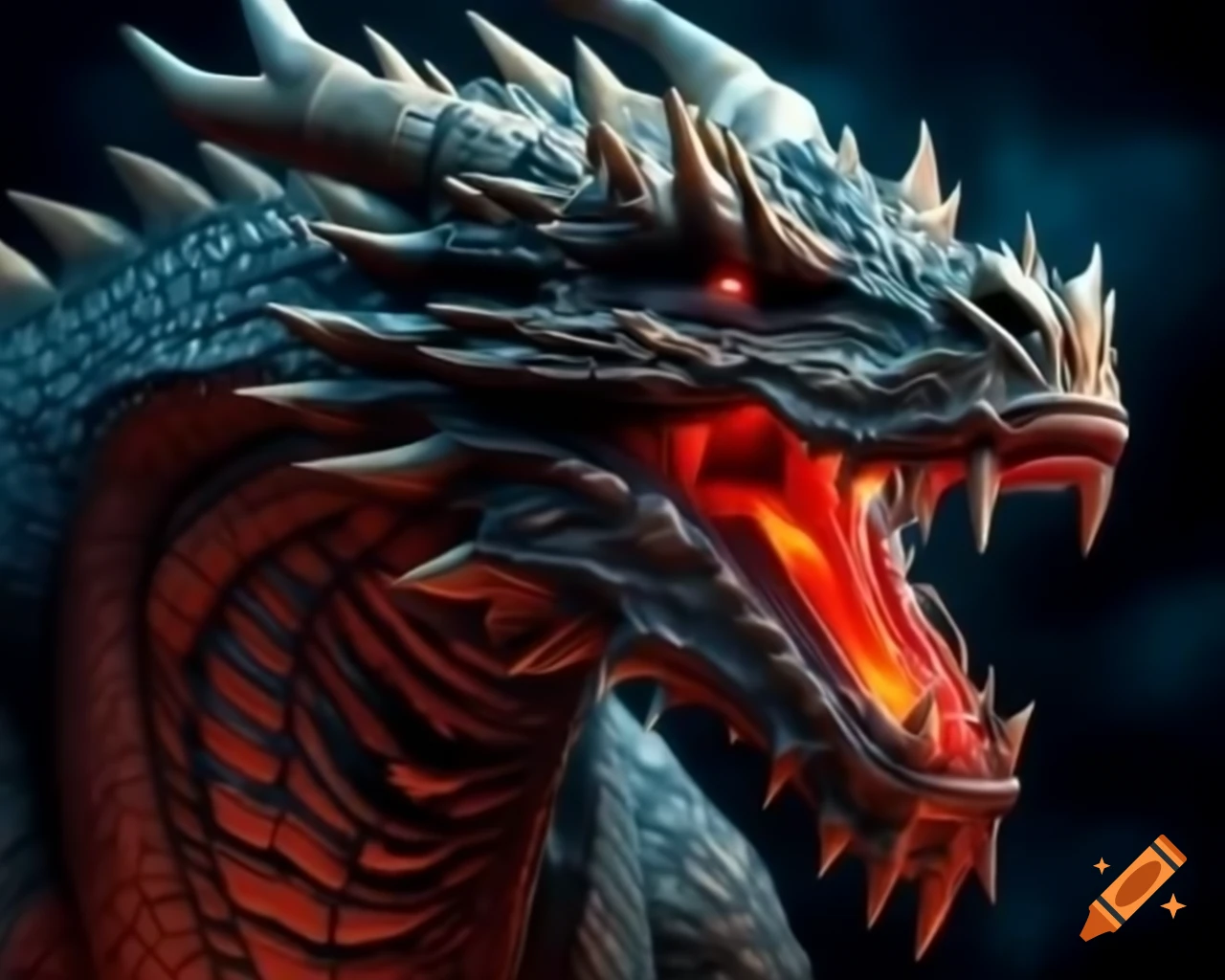 Detailed dragon with glowing red eyes and sharp teeth, showcasing intricately designed scales