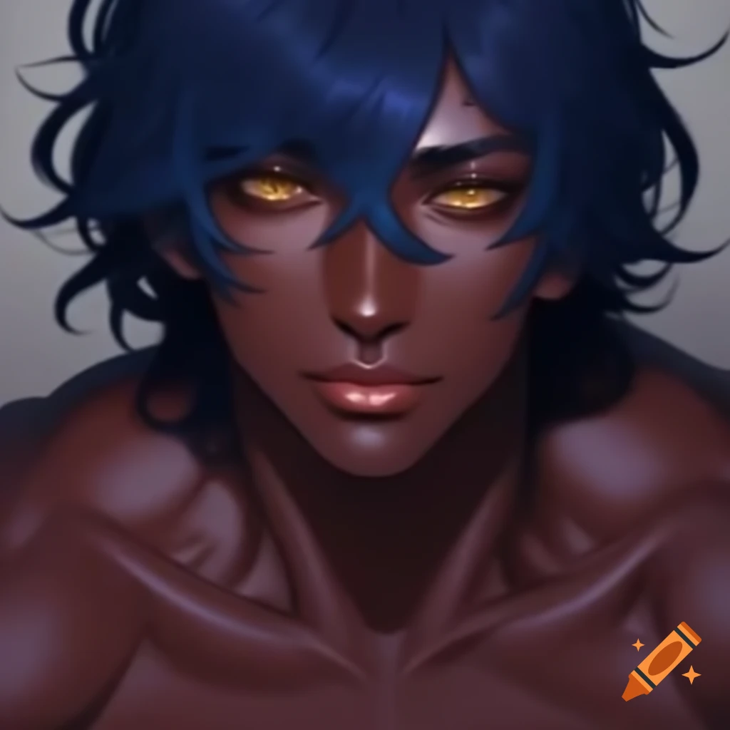 Anime portrait of man with dark brown skin, navy blue hair, and golden eyes