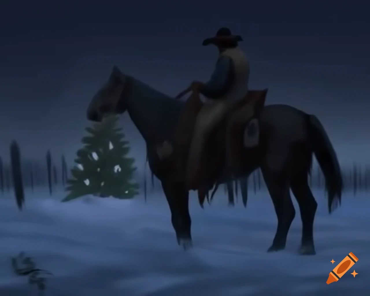 Cowboy riding grey horse in snowy field during snowstorm with Christmas tree lights, oil painting