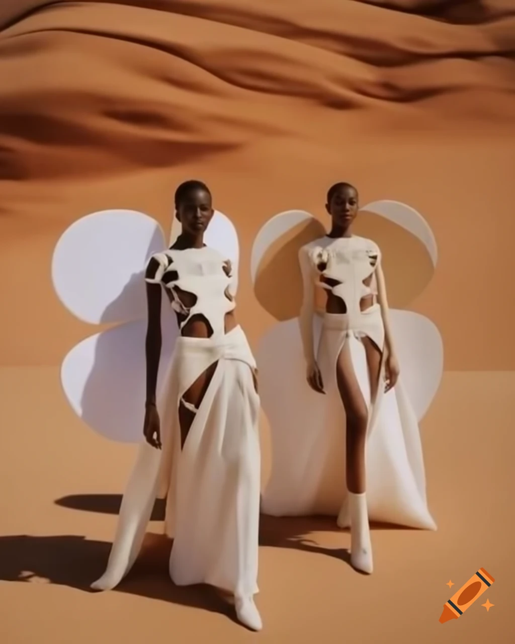 Fashion models in minimalistic high fashion attire inspired by natural patterns in a desert