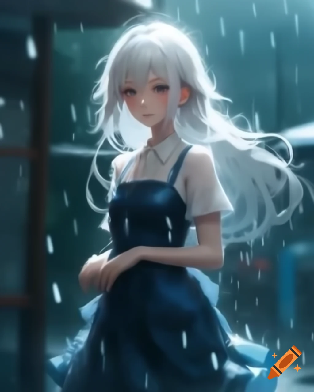 Anime character with white hair and dress in rain
