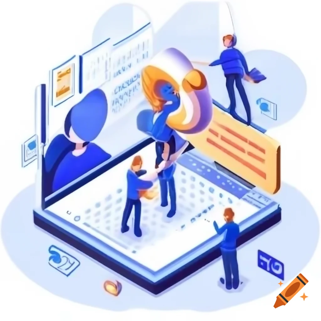Caricature illustrating teamwork and digital collaboration