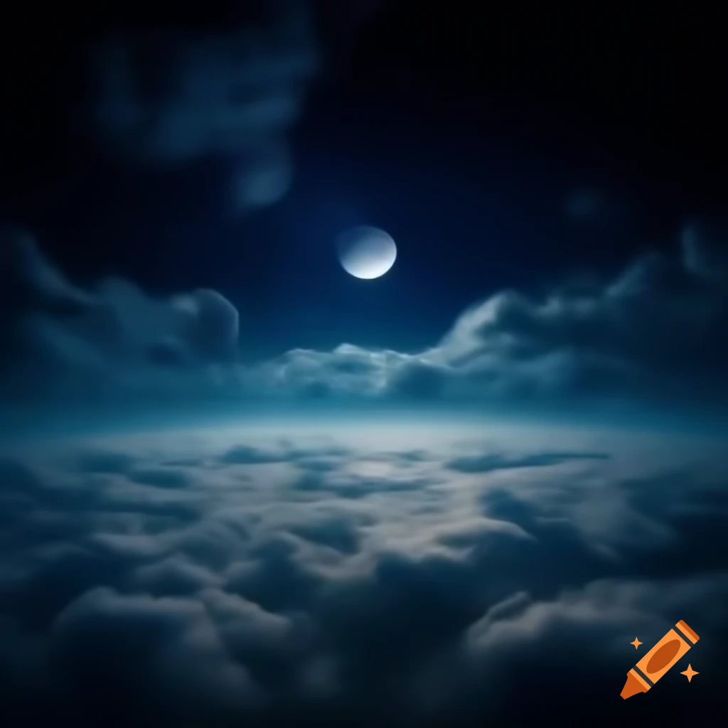 Starry night sky with moon and cumulonimbus clouds forming an arc