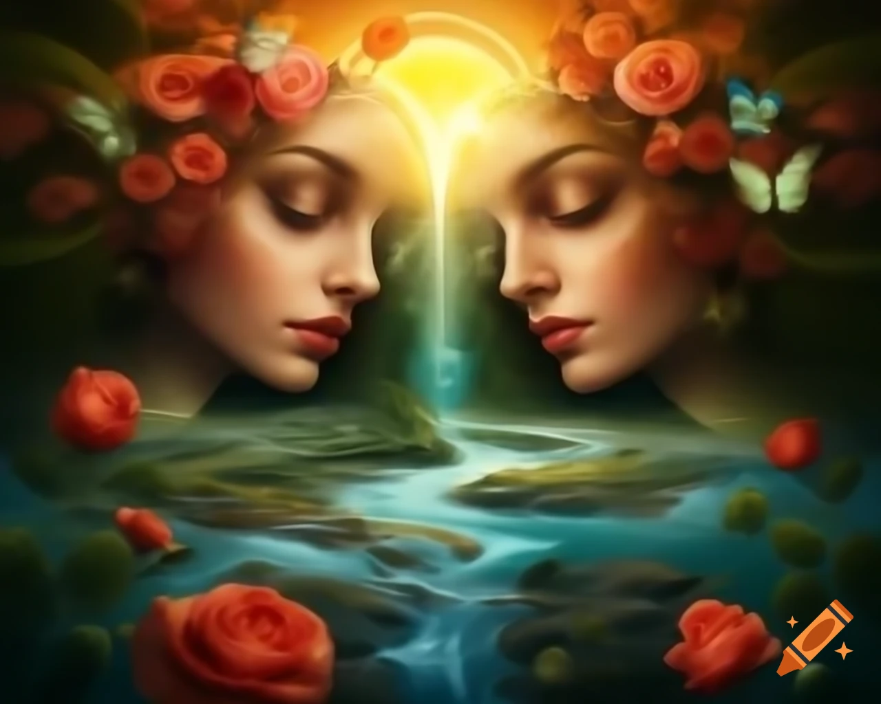 Woman of unimaginable beauty with golden flowing hair in a dreamlike setting