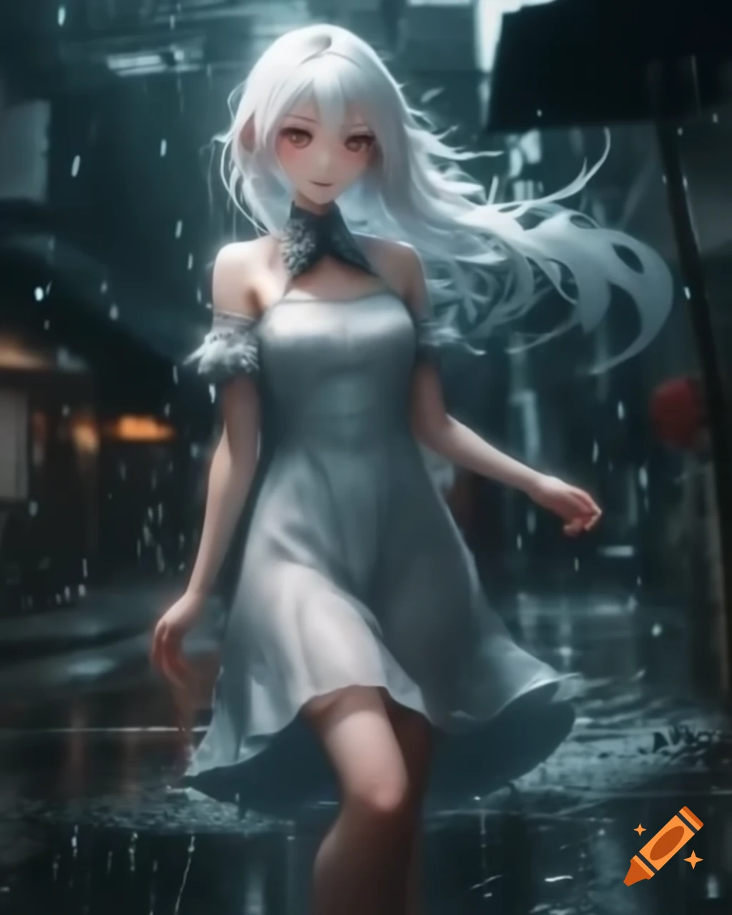 Anime character with white hair and dress on a rainy day
