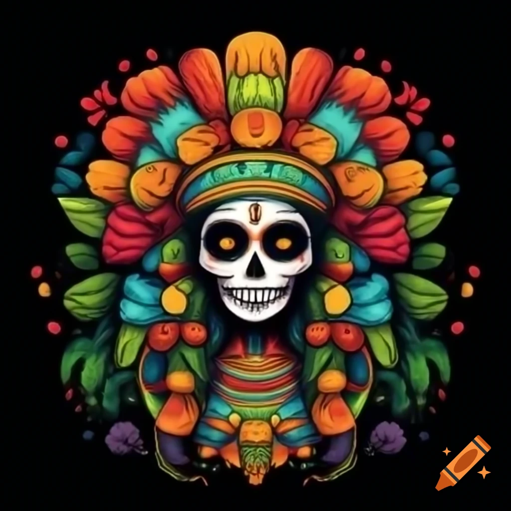 Colorful details of Santa Muerte figure inspired by Maya culture