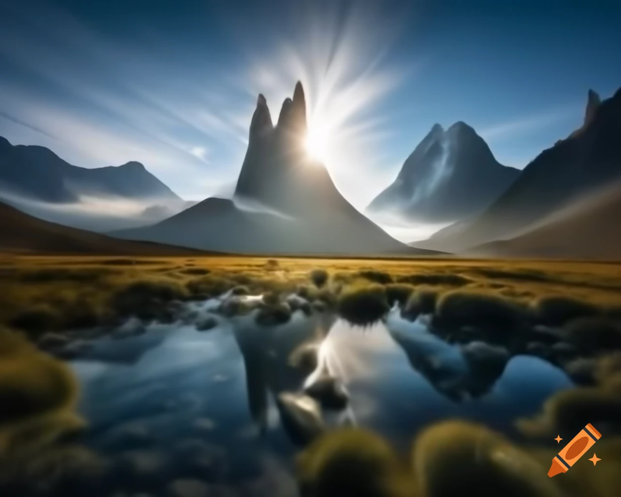 Majestic mountains with tranquil crystal lake in foreground