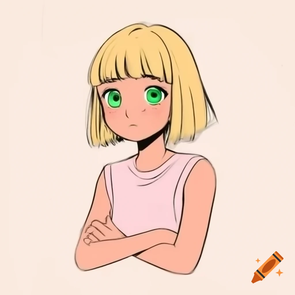 Anime girl with blonde hair and green eyes in light pink sleeveless shirt