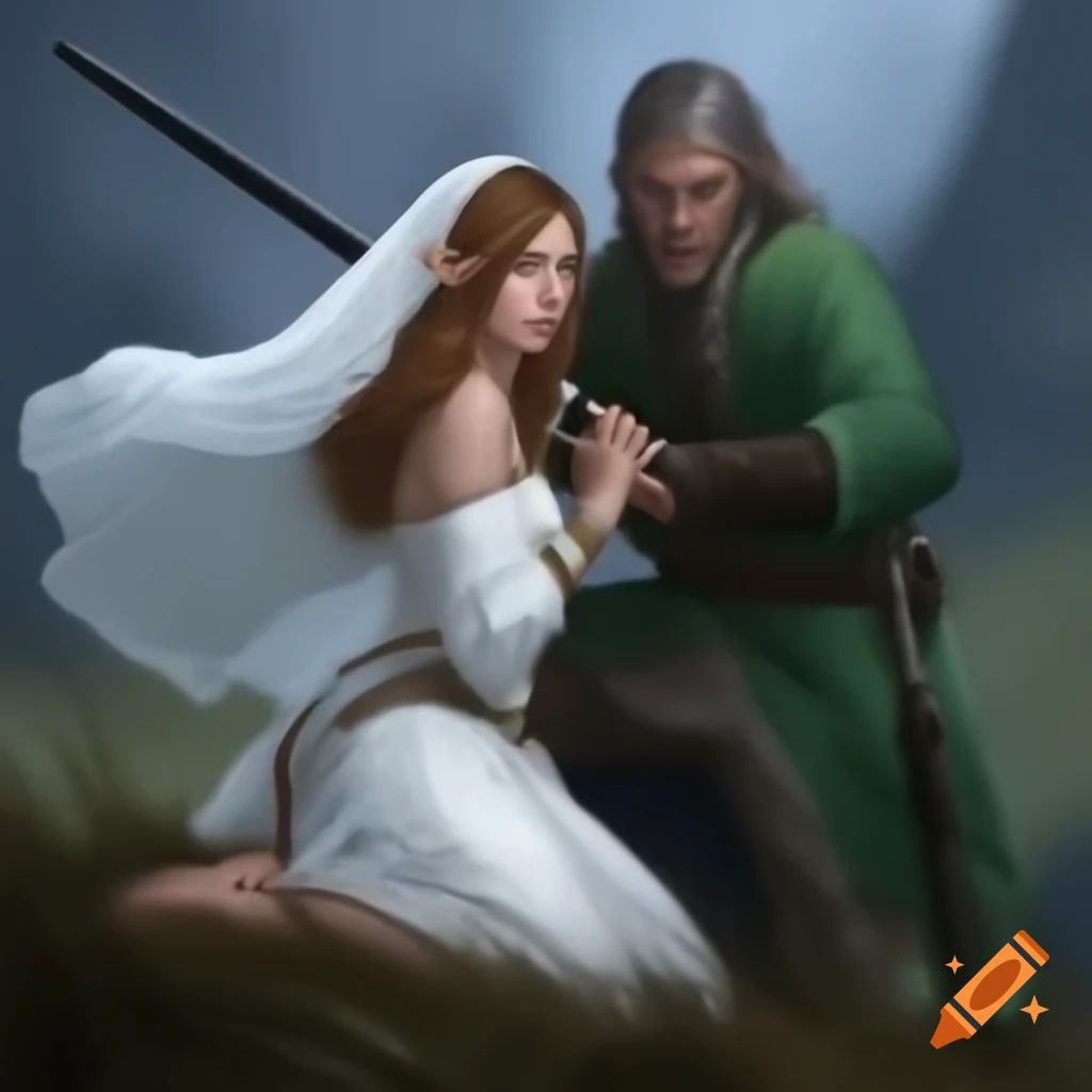 Young priestess in white and elven musketeer with sword, artwork by Frank Frazetta