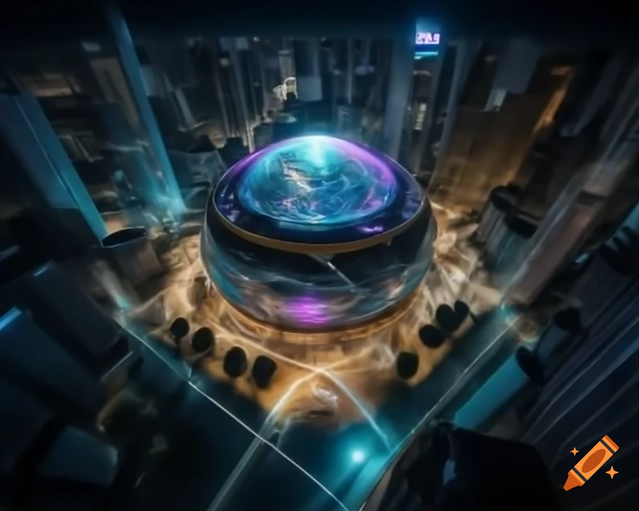 Futuristic city with shining metal buildings reaching high into the sky