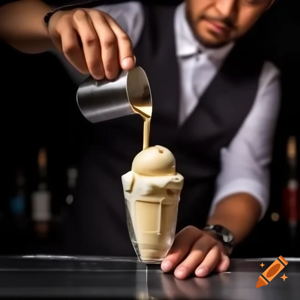 Male bartender pouring ice cream from shaker in Blade Runner style