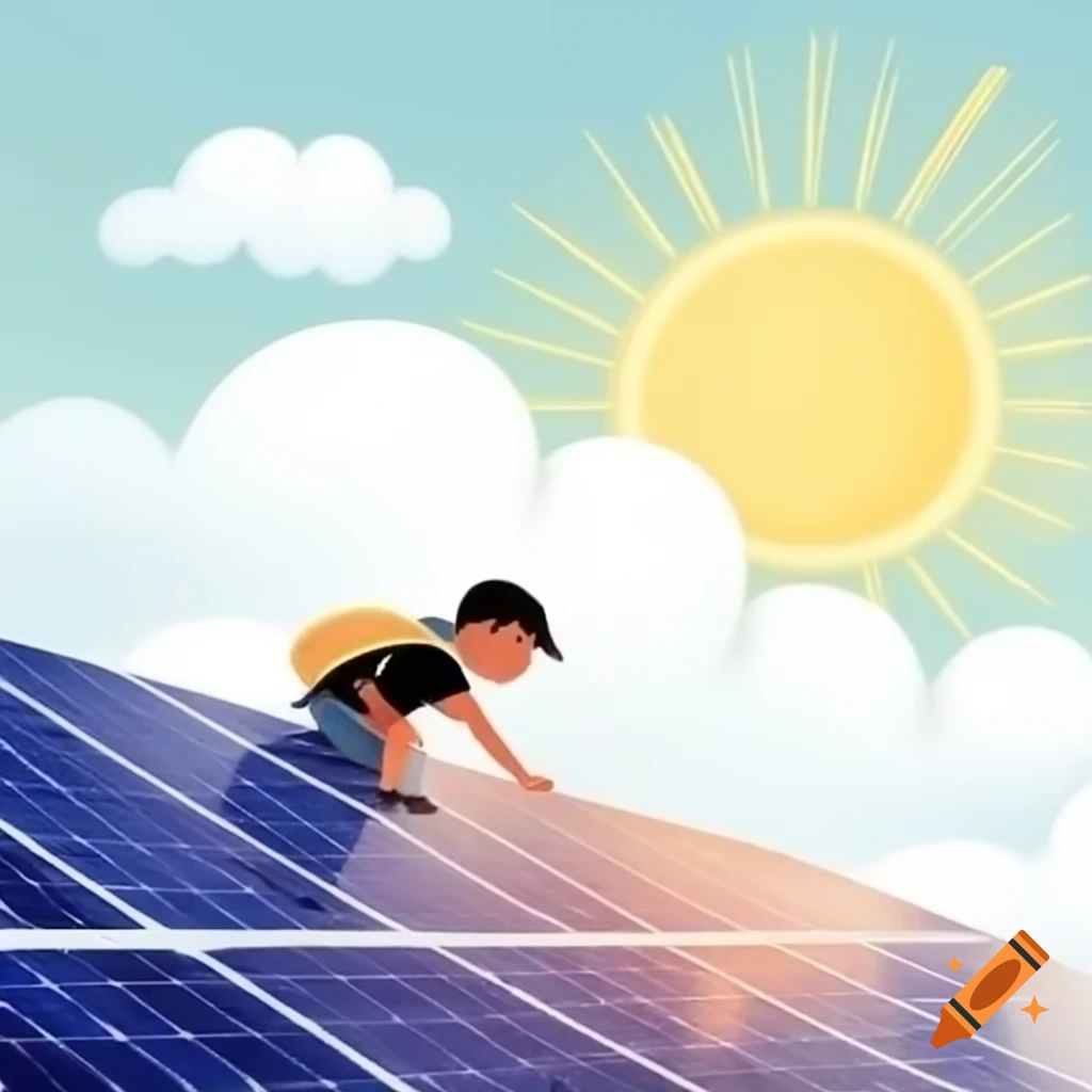Boy presenting solar panel with sun in background
