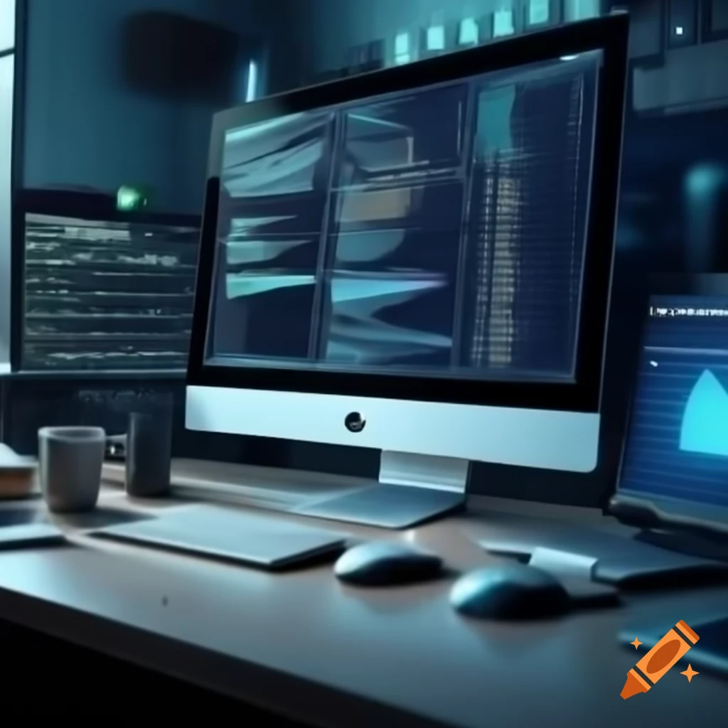 Modern desktop setup with data objects and software code