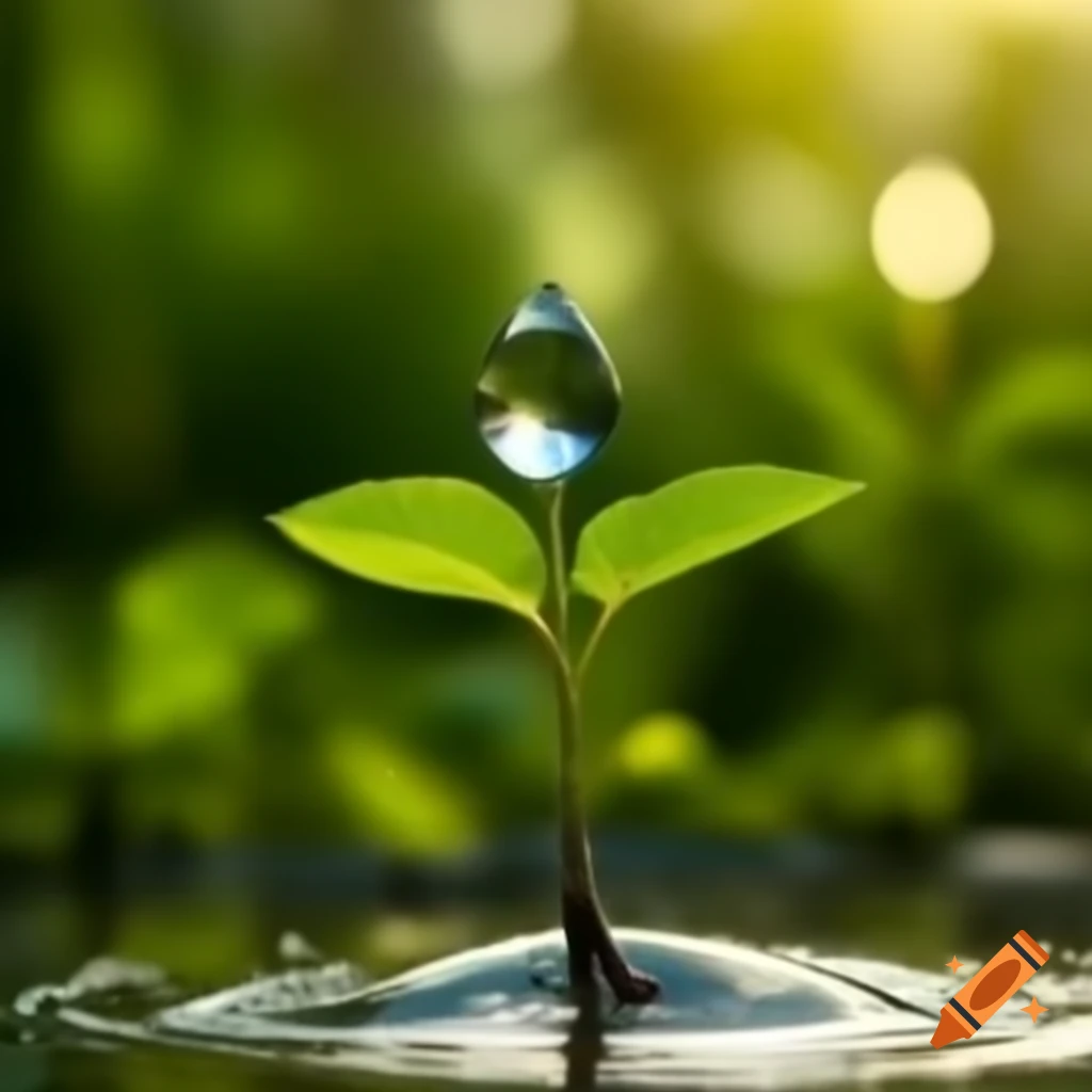 Green sapling reflected in water droplet with verdant background and sunlight