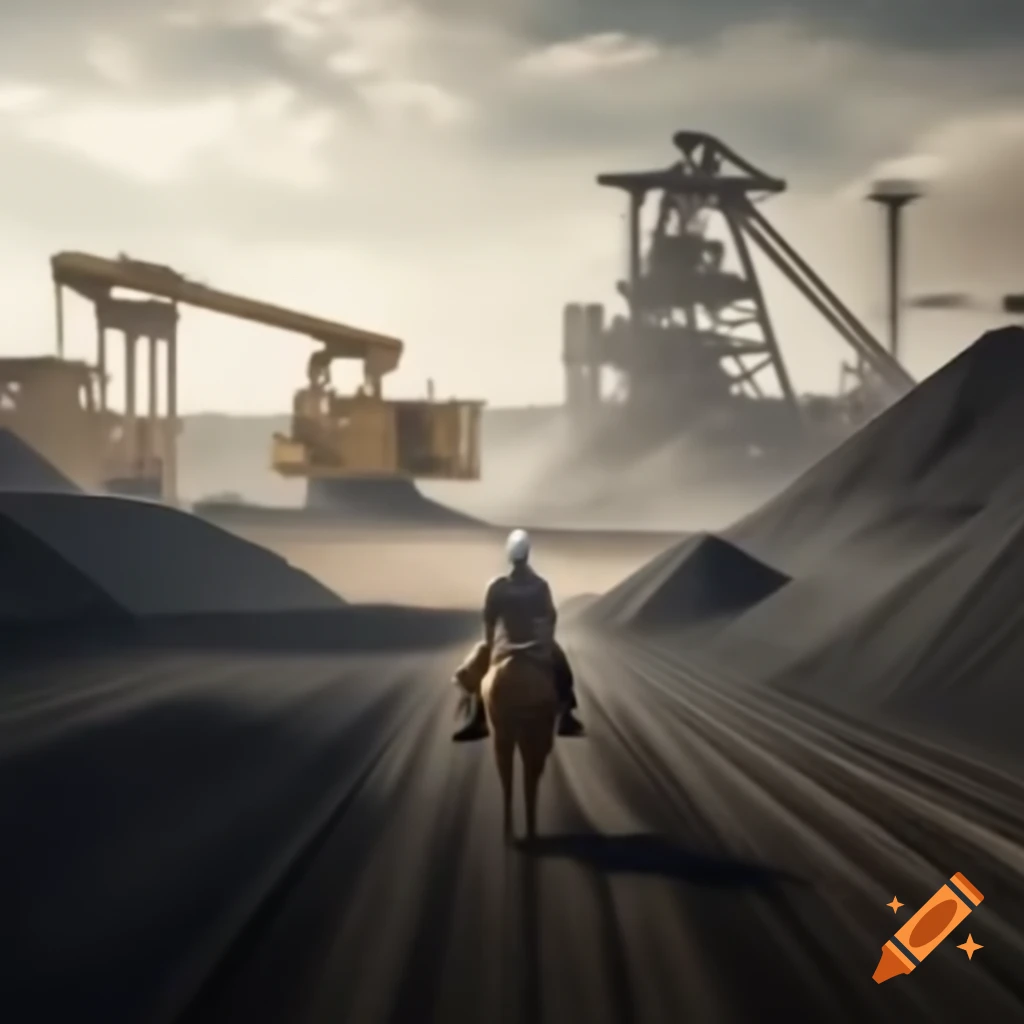 Cowboy riding horse in lignite mining landscape with excavators