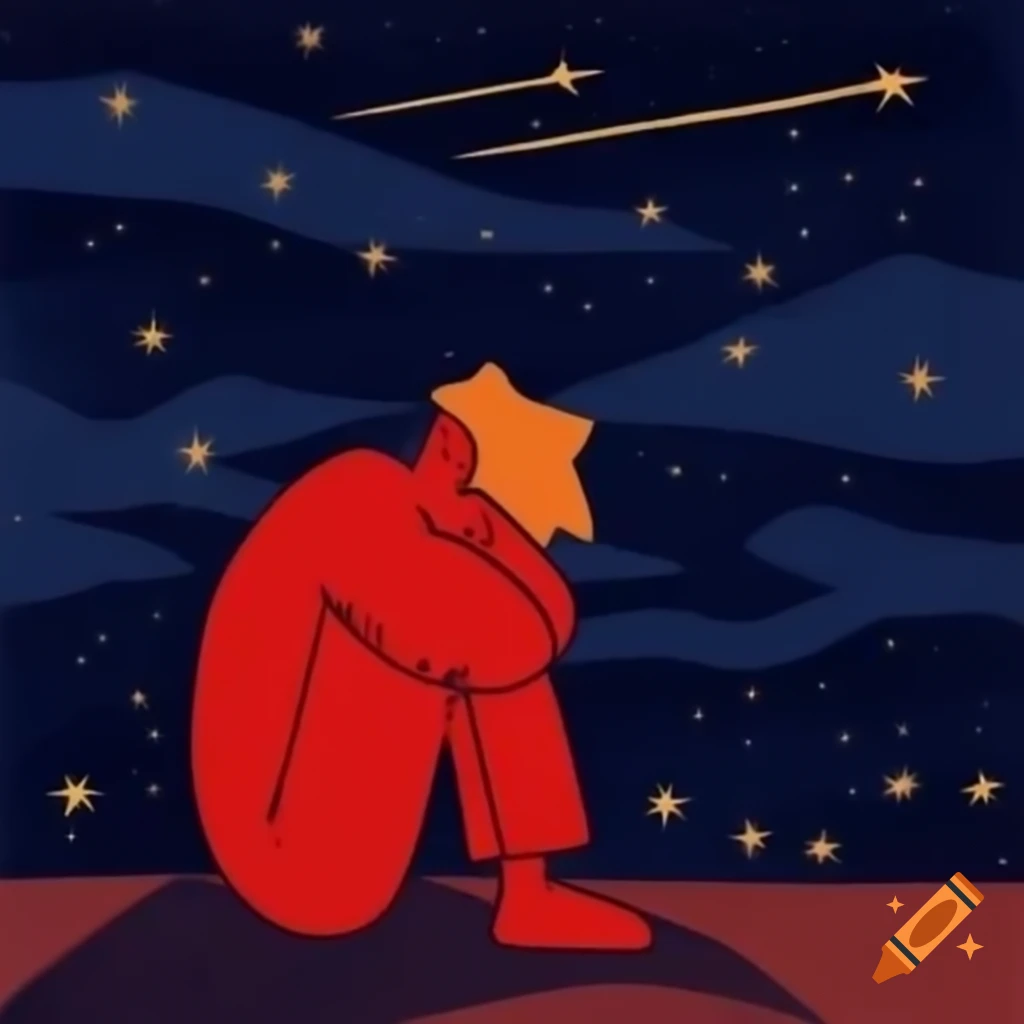 Girl in dress sitting under vibrant night sky with large moon and stars