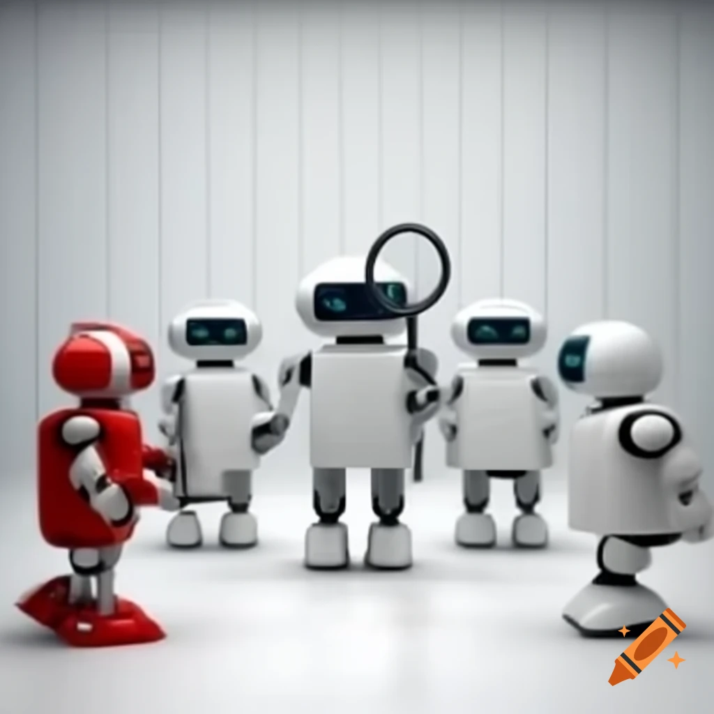 Group of five basic robots in white room with magnifying glass on red robot