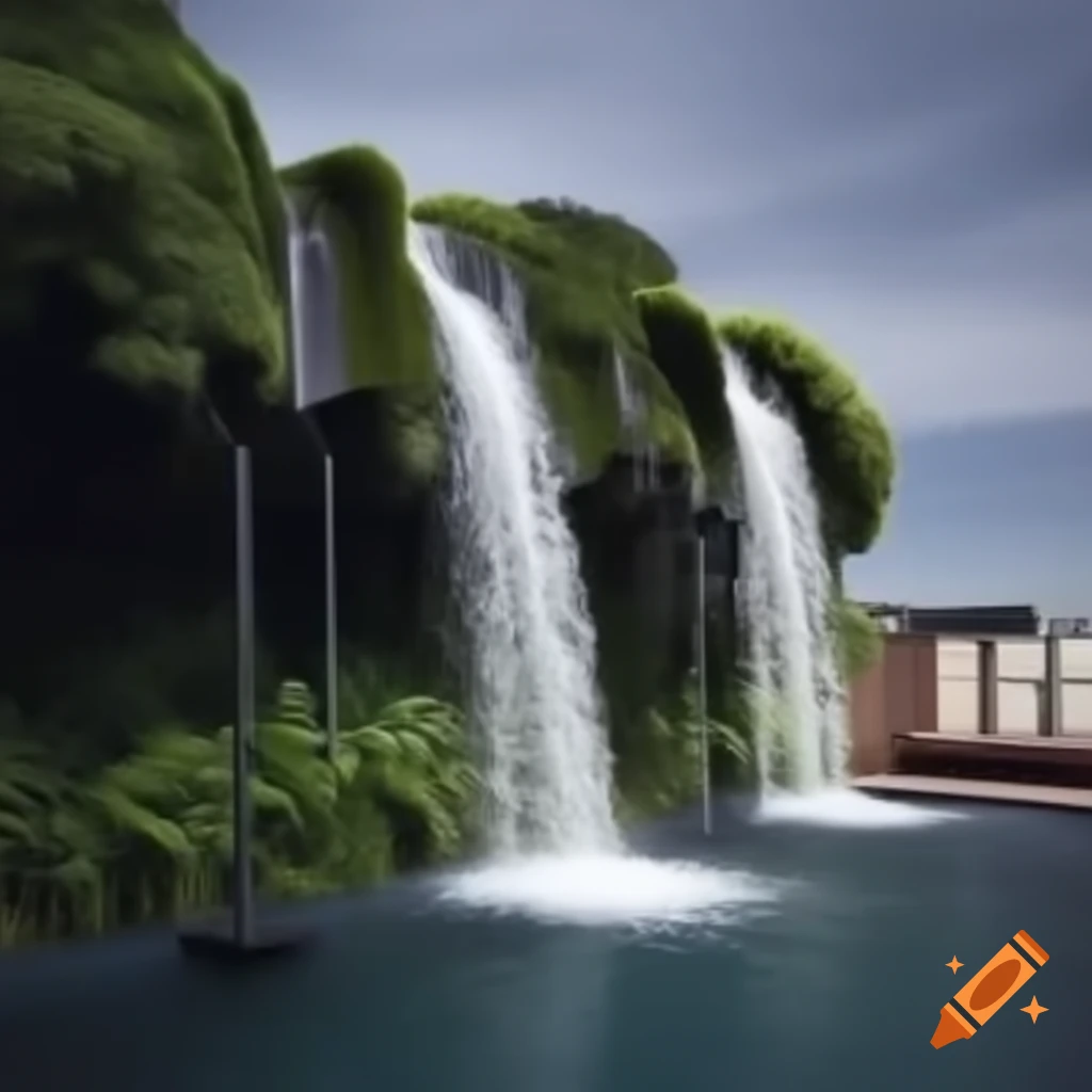 Waterfall flowing on rooftop penthouse
