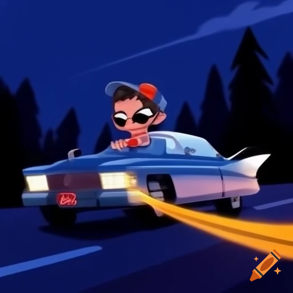 Cartoon art of a cool dude driving a Cadillac at night