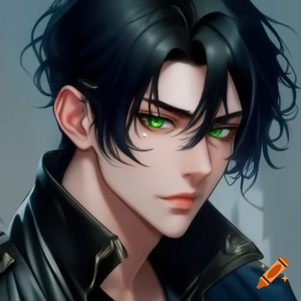 Handsome anime male character with black hair and green eyes unpacking in apartment, detailed close-up